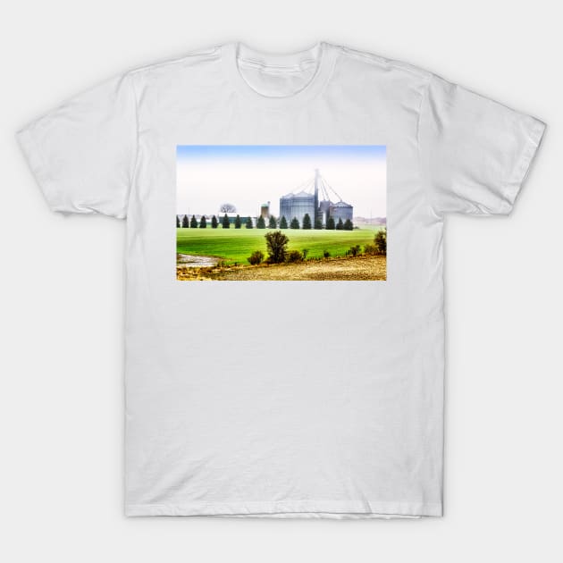 Farm Grain Silos In Morning Mist T-Shirt by Robert Alsop